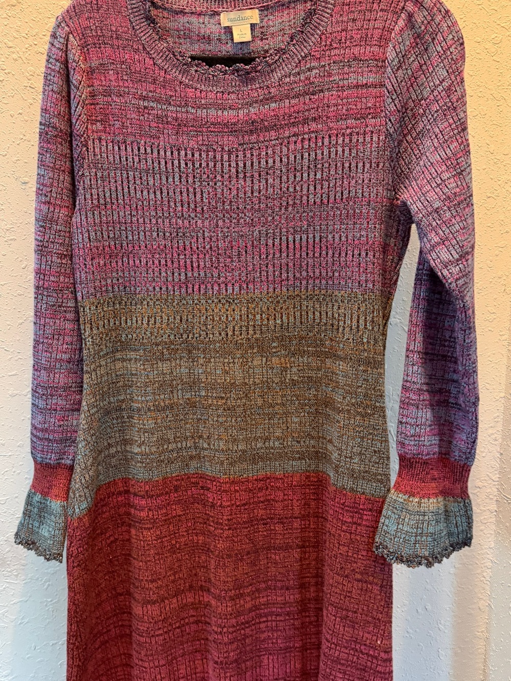 Sundance Multicolor Striped Long-Sleeve Knit Dress — Pink, Brown, Red